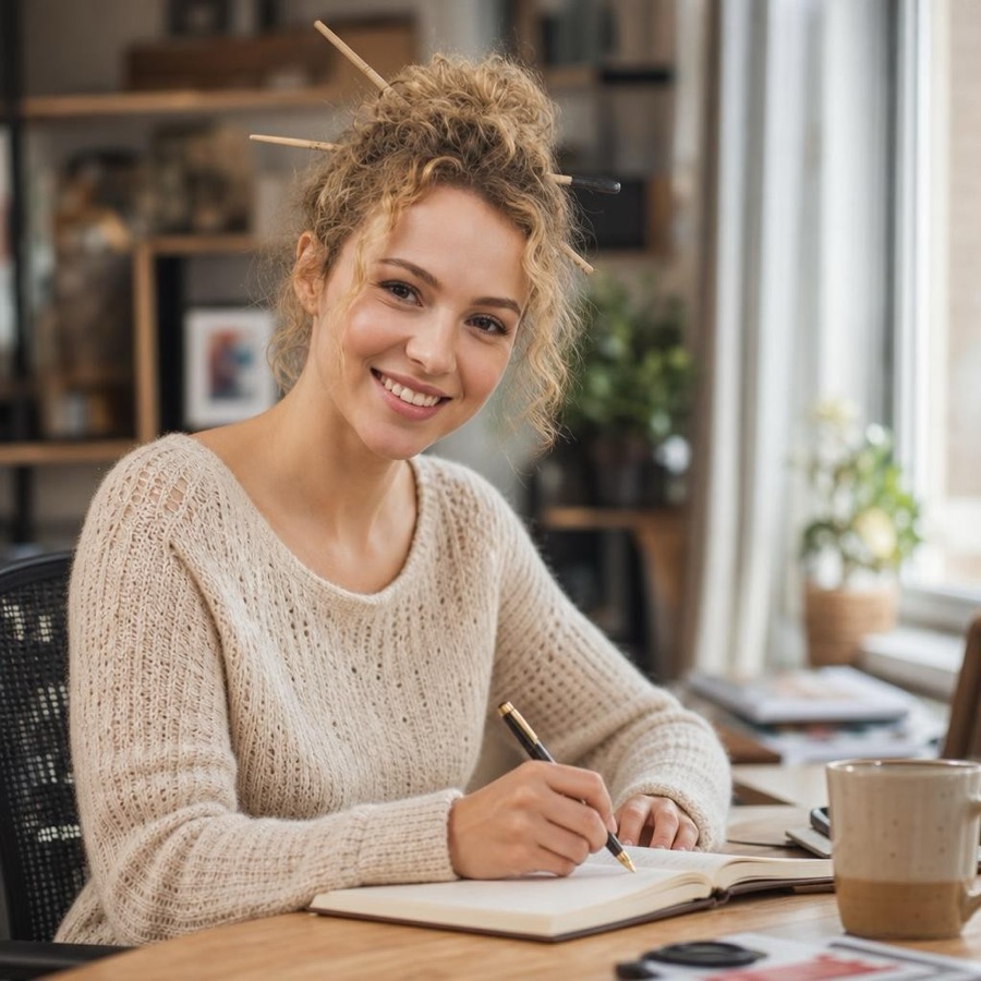 Anna, founder of Coffee Loving Card Makers, writing at her desk
