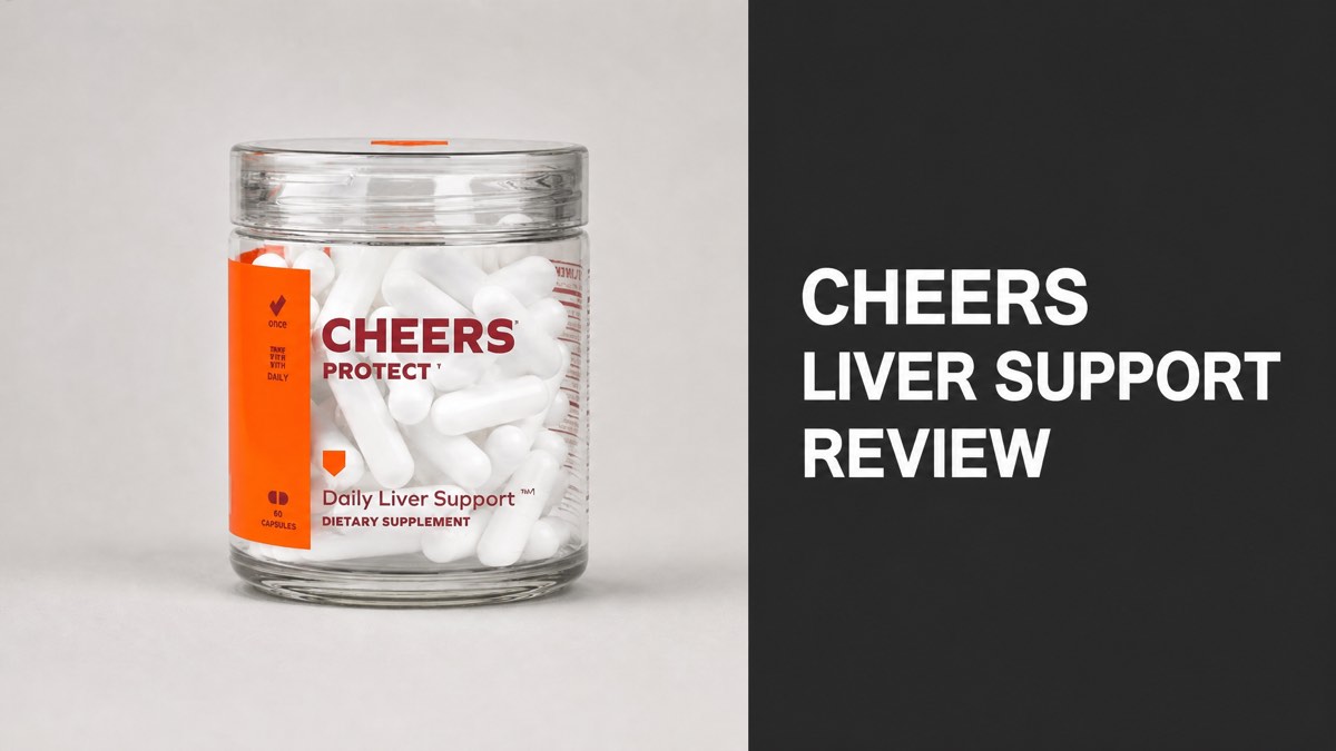 Cheers Protect daily liver support jar next to a Cheers Liver Support Review headline