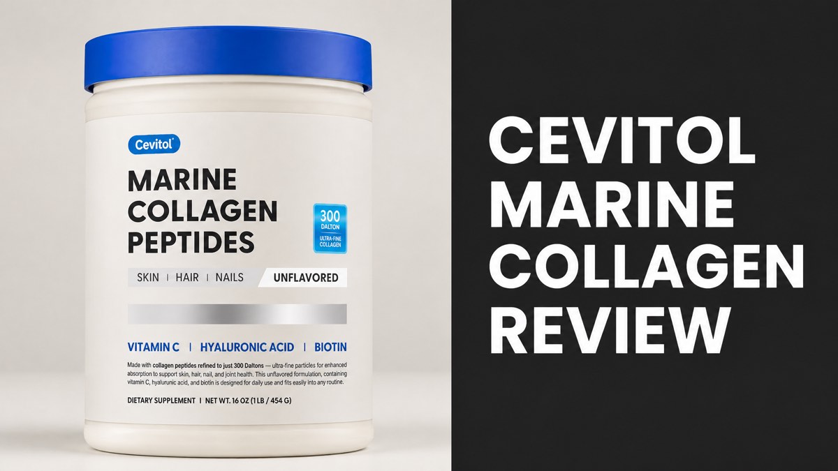 Cevitol Marine Collagen Peptides container next to Cevitol Marine Collagen Review headline text