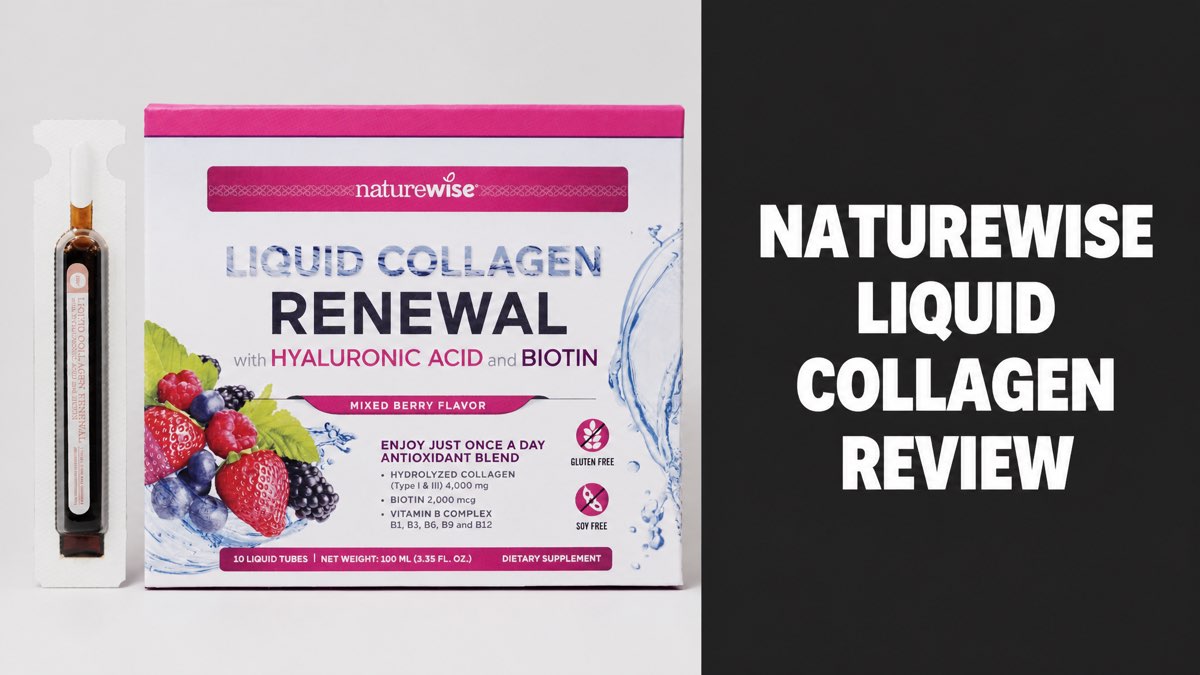 NatureWise Liquid Collagen mixed berry box and tube with review headline