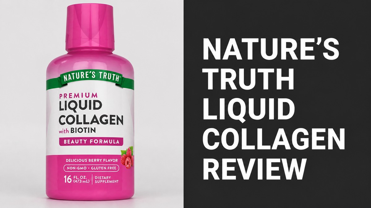 Nature's Truth Liquid Collagen with Biotin berry bottle next to the headline Nature's Truth Liquid Collagen Review