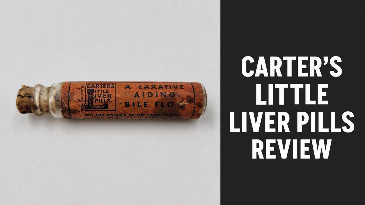 Vintage Carter's Little Liver Pills bottle next to a Carter's Little Liver Pills Review headline