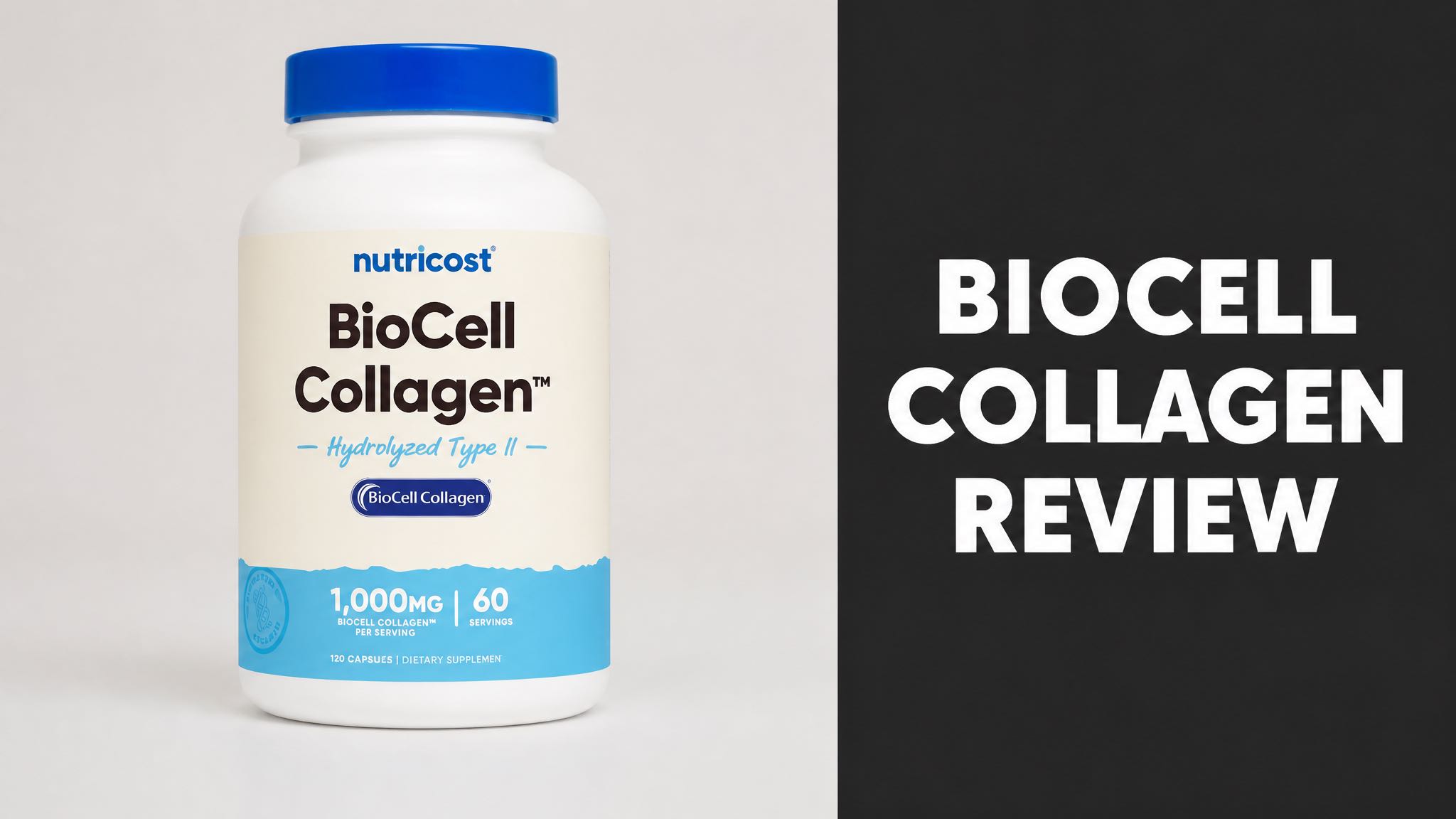 Nutricost BioCell Collagen supplement bottle beside BioCell Collagen Review headline text