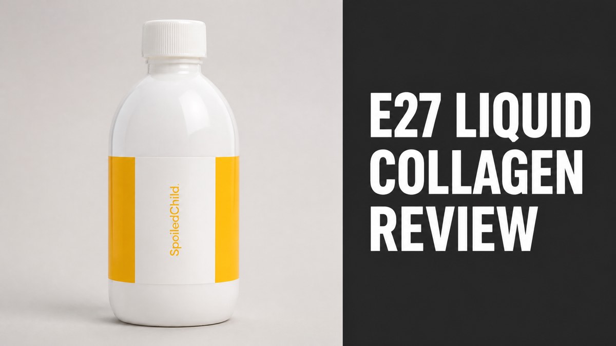 SpoiledChild E27 Extra Strength Liquid Collagen bottle next to review headline text