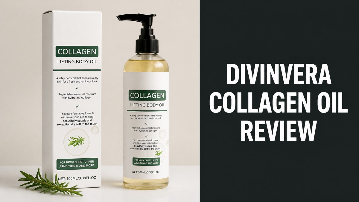 Divinvera Collagen Oil bottle and box next to Divinvera Collagen Oil Review headline text