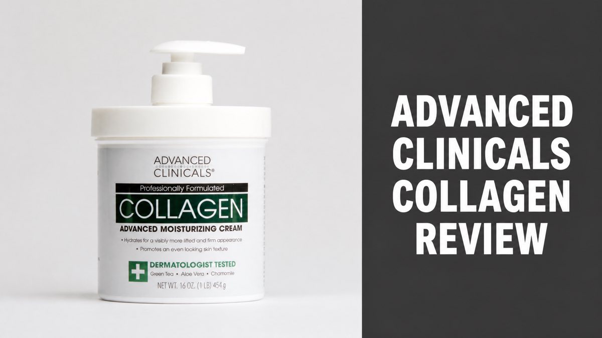 Advanced Clinicals Collagen body cream jar with pump dispenser next to Advanced Clinicals Collagen Review headline text