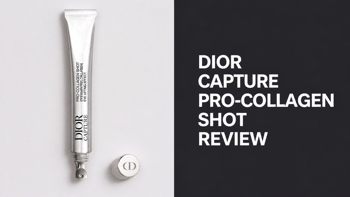 Dior Capture Pro-Collagen Shot silver tube and cap next to a Dior Capture Pro-Collagen Shot Review headline