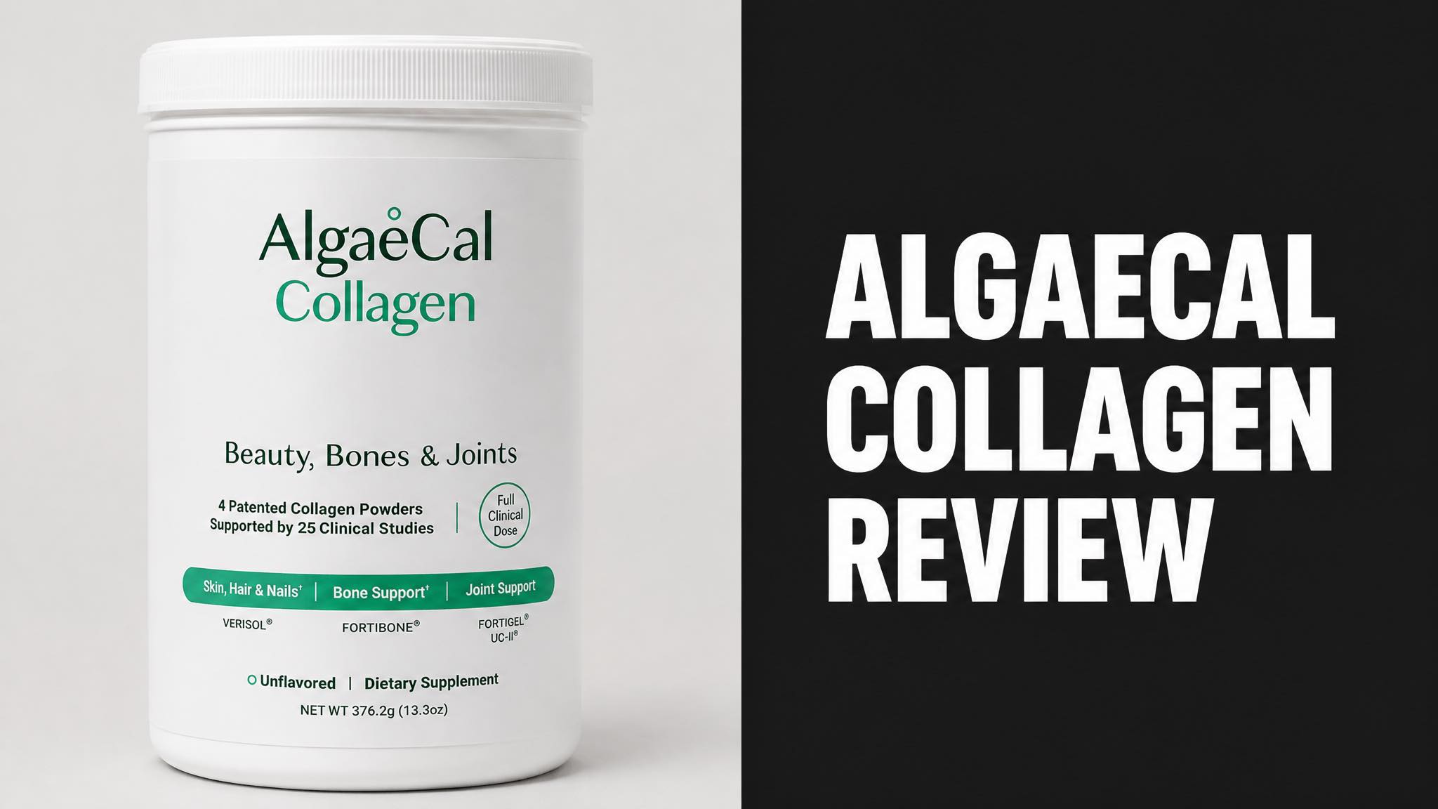 AlgaeCal Collagen supplement tub on a neutral background