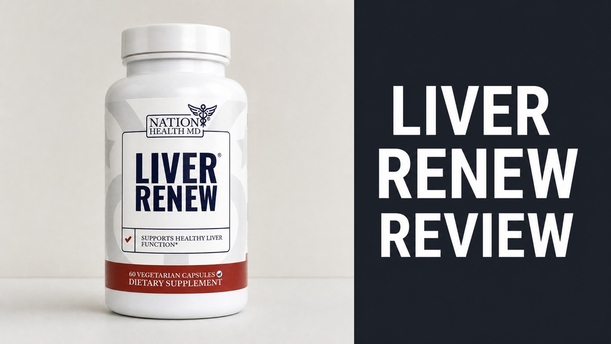 Nation Health MD Liver Renew supplement bottle with Liver Renew Review text