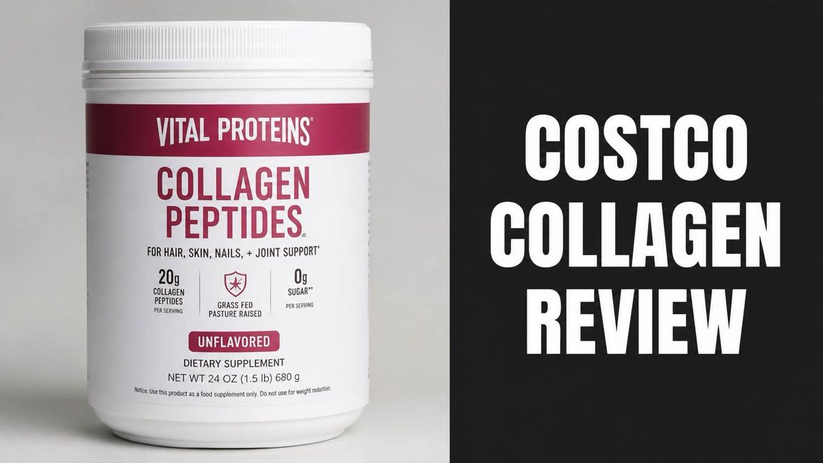 Vital Proteins collagen peptides tub sold at Costco, next to Costco Collagen Review headline text