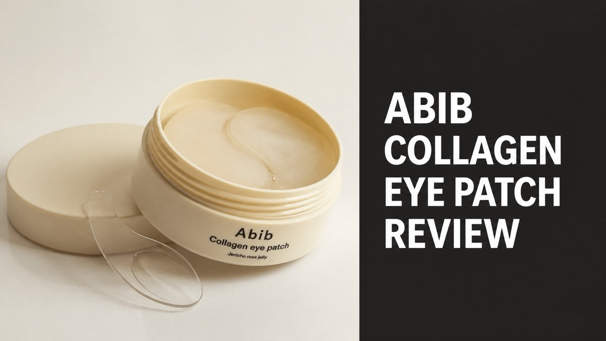 Abib Collagen Eye Patch Jericho Rose Jelly jar open with a single eye patch beside it