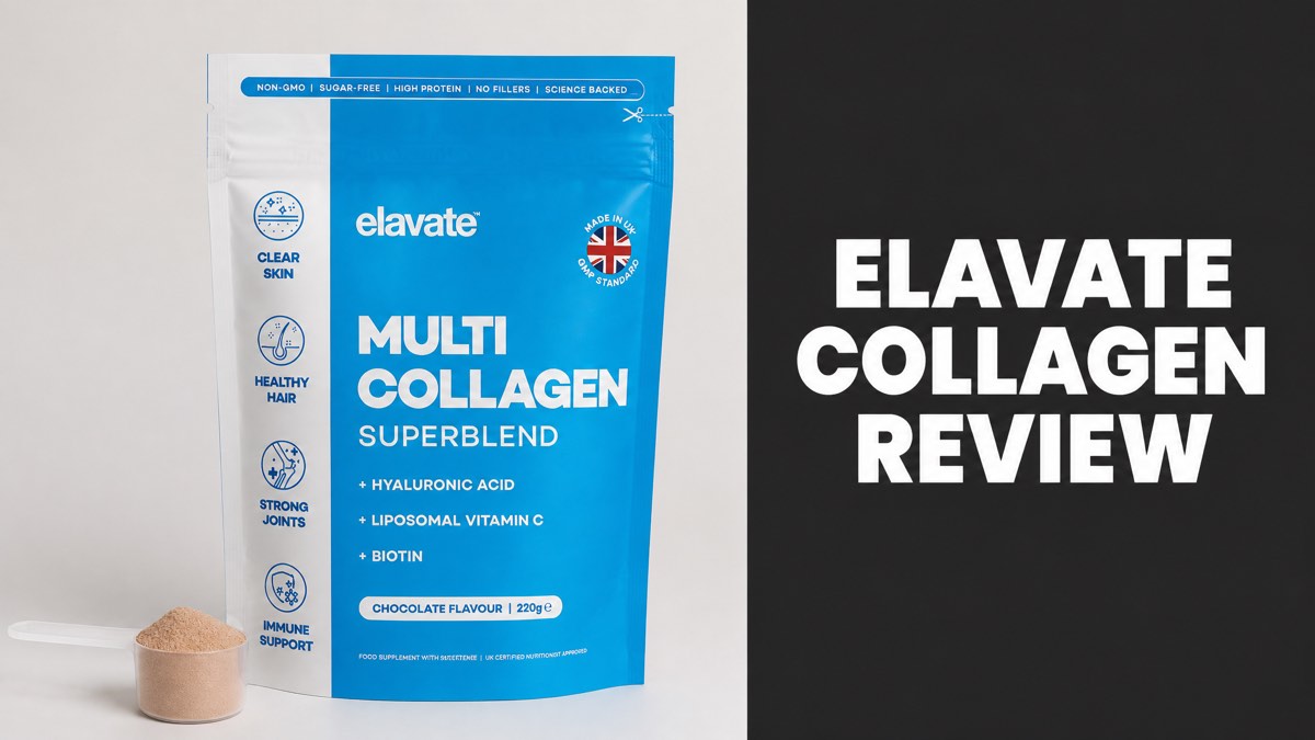 Elavate Multi Collagen Superblend pouch with Elavate Collagen Review headline