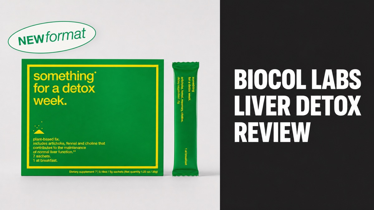 Biocol Labs Liver Detox box and stick pack next to a Biocol Labs Liver Detox Review headline