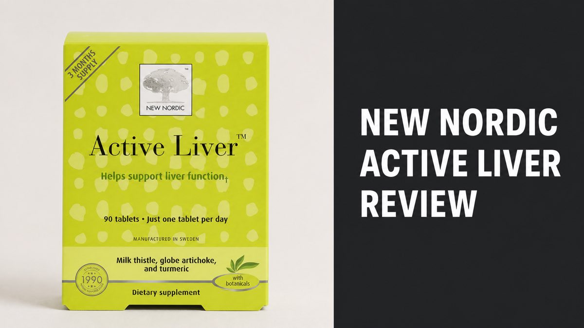 New Nordic Active Liver supplement box next to a New Nordic Active Liver Review headline