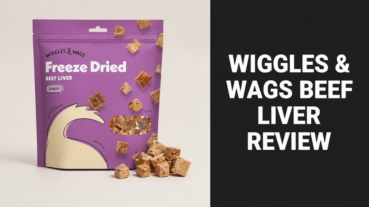 Wiggles & Wags Freeze Dried Beef Liver Dog Treats bag with review headline