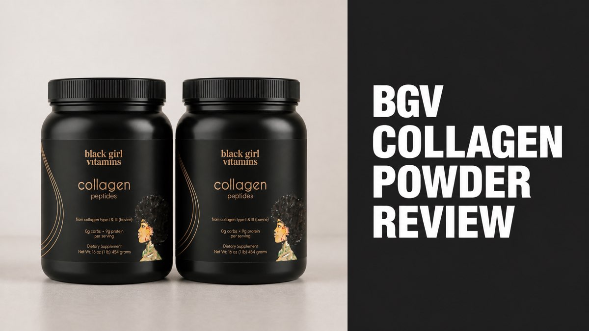 Two black BGV Collagen Powder containers by Black Girl Vitamins on a neutral background