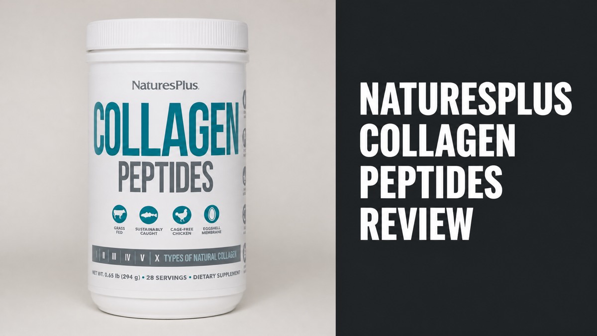 NaturesPlus Collagen Peptides powder jar next to the headline NaturesPlus Collagen Peptides Review