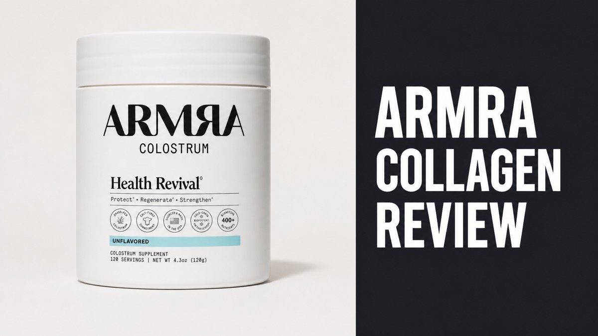 ARMRA Colostrum Health Revival jar with ARMRA Collagen Review headline