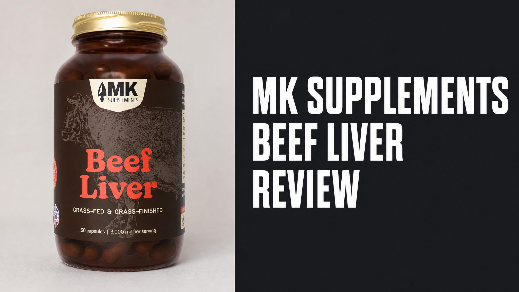 Bottle of MK Supplements grass-fed Beef Liver capsules