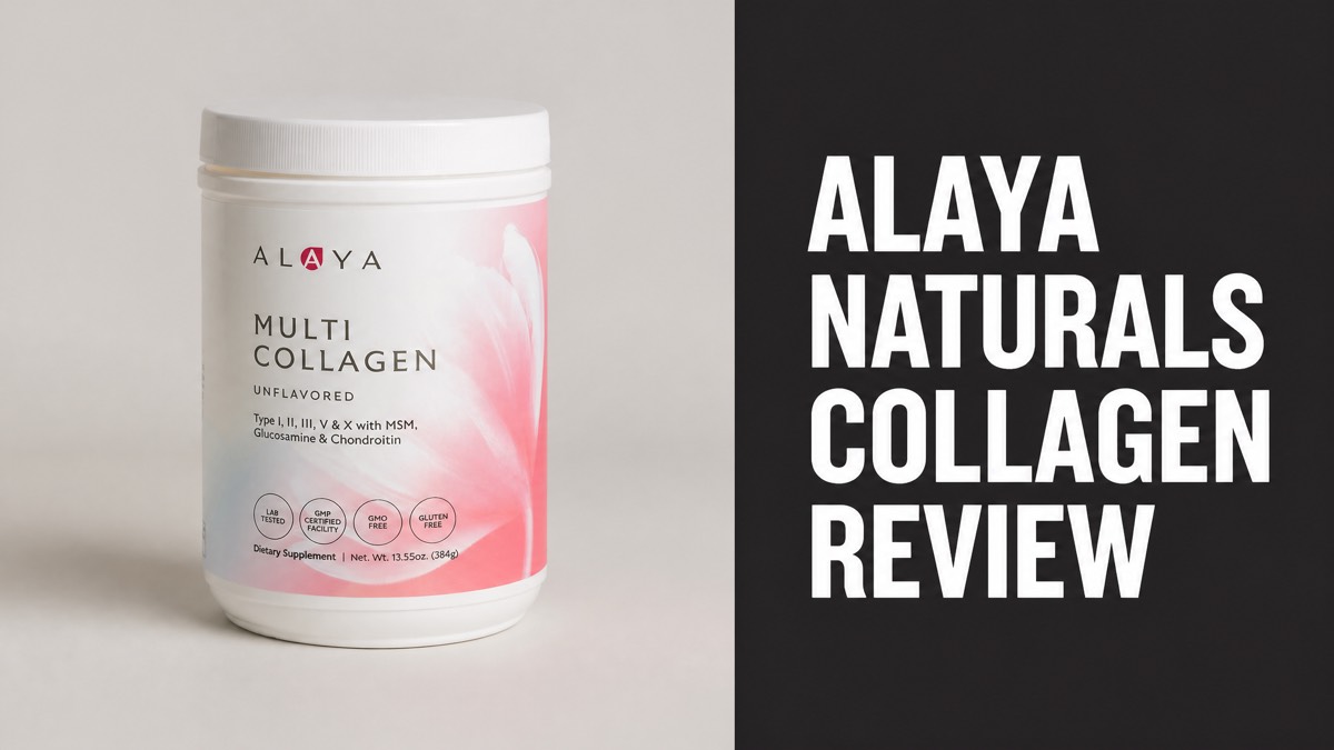 Alaya Naturals Multi Collagen container with Alaya Naturals Collagen Review headline