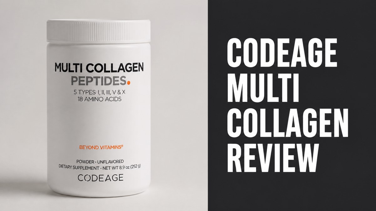 Codeage Multi Collagen Peptides Powder container next to Codeage Multi Collagen Review headline text
