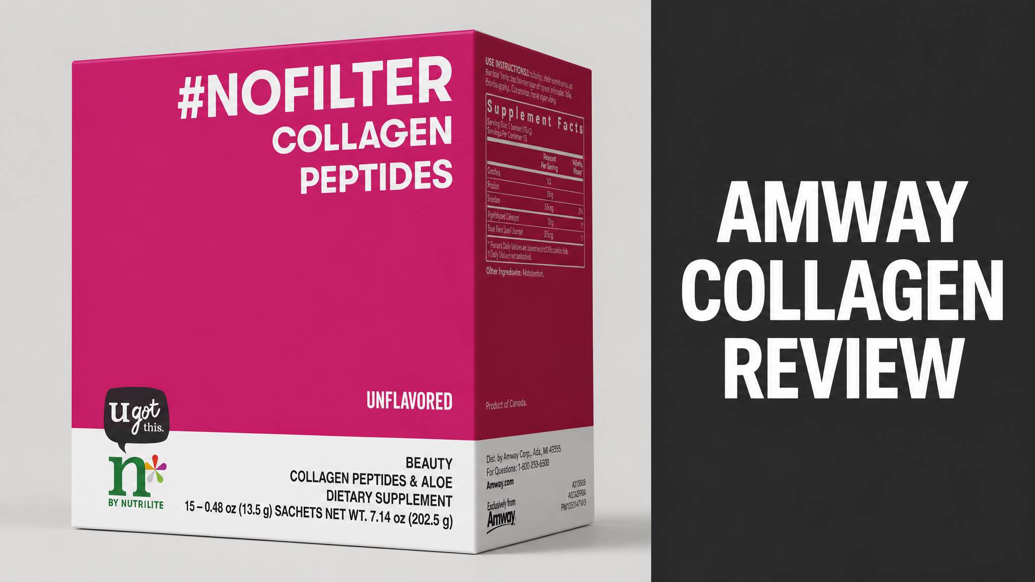 Amway Nutrilite #nofilter Collagen Peptides box with headline text reading Amway Collagen Review