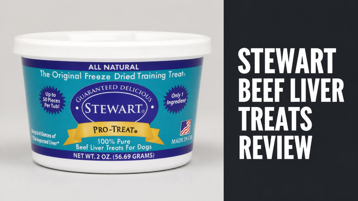 Stewart Beef Liver Freeze Dried Dog Treats tub next to a Stewart Beef Liver Treats Review headline