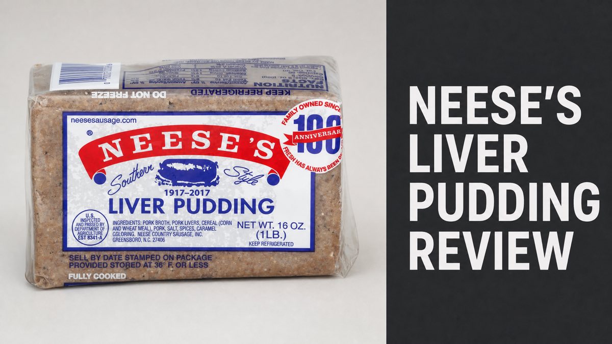 Neese's Liver Pudding package next to a Neese's Liver Pudding Review headline