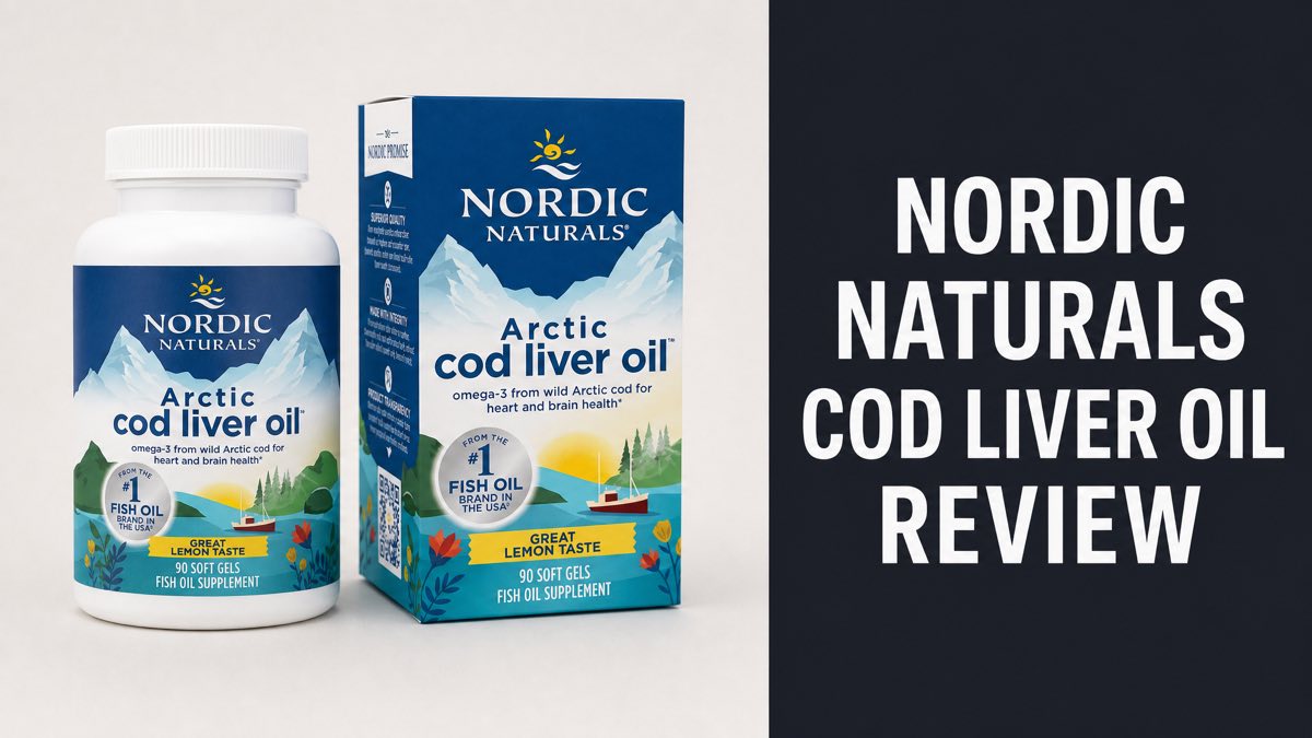 Nordic Naturals Arctic Cod Liver Oil bottle and box next to a Nordic Naturals Cod Liver Oil Review headline