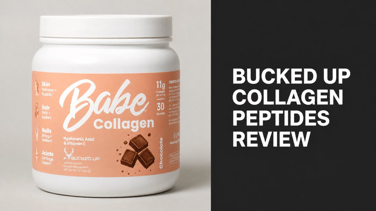 Bucked Up Babe Collagen Peptides chocolate flavor tub with skin, hair, nail, and joint support label