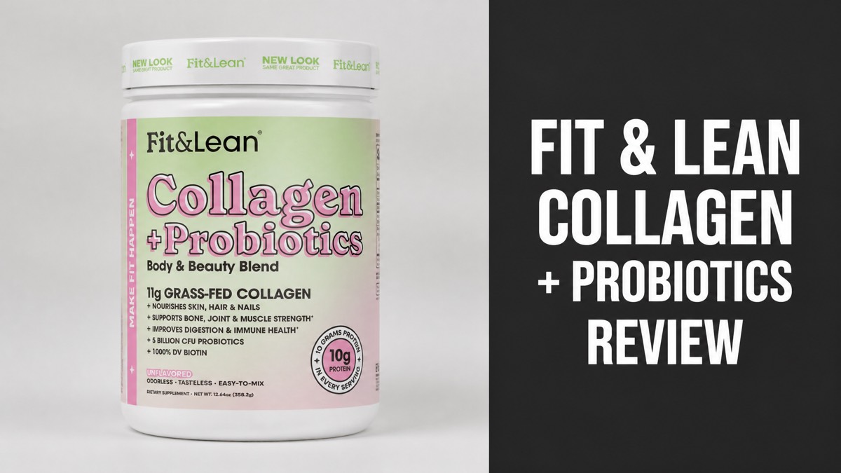 Fit & Lean Collagen + Probiotics tub next to the headline FIT & LEAN COLLAGEN + PROBIOTICS REVIEW