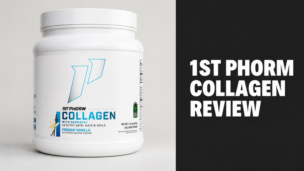 1st Phorm Collagen with Dermaval French Vanilla tub next to the headline 1ST PHORM COLLAGEN REVIEW