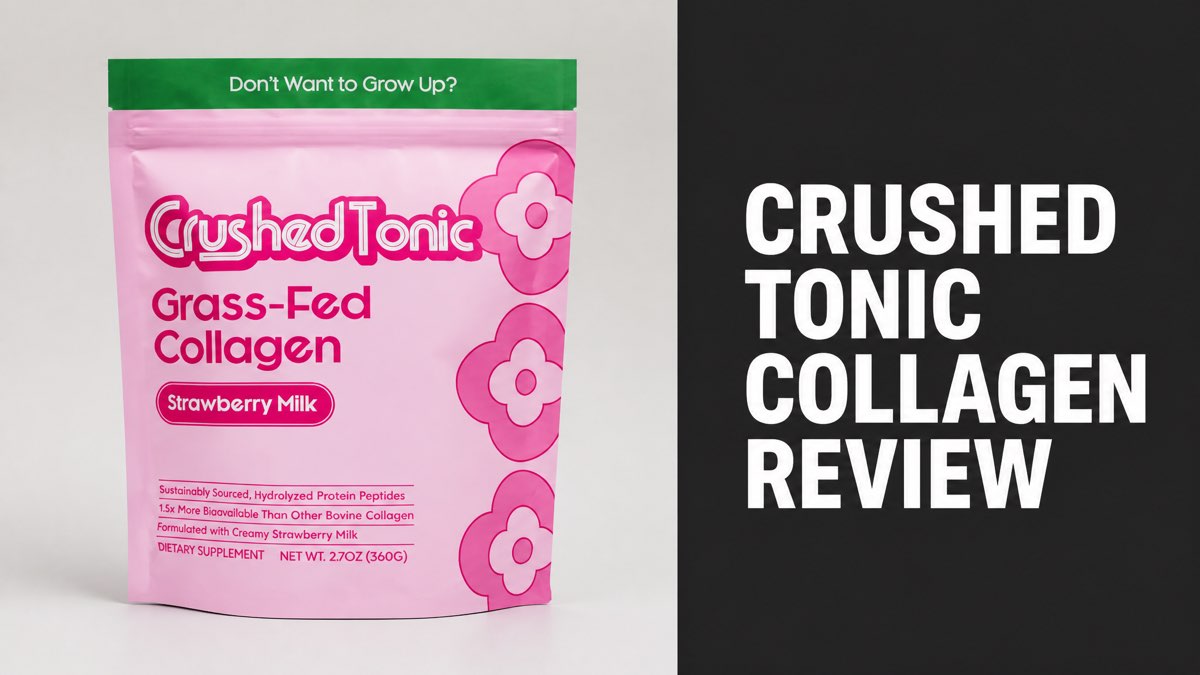 Crushed Tonic strawberry milk collagen package next to Crushed Tonic Collagen Review headline