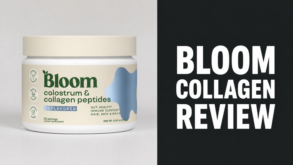 Bloom Colostrum & Collagen Peptides container next to Bloom Collagen Review headline text