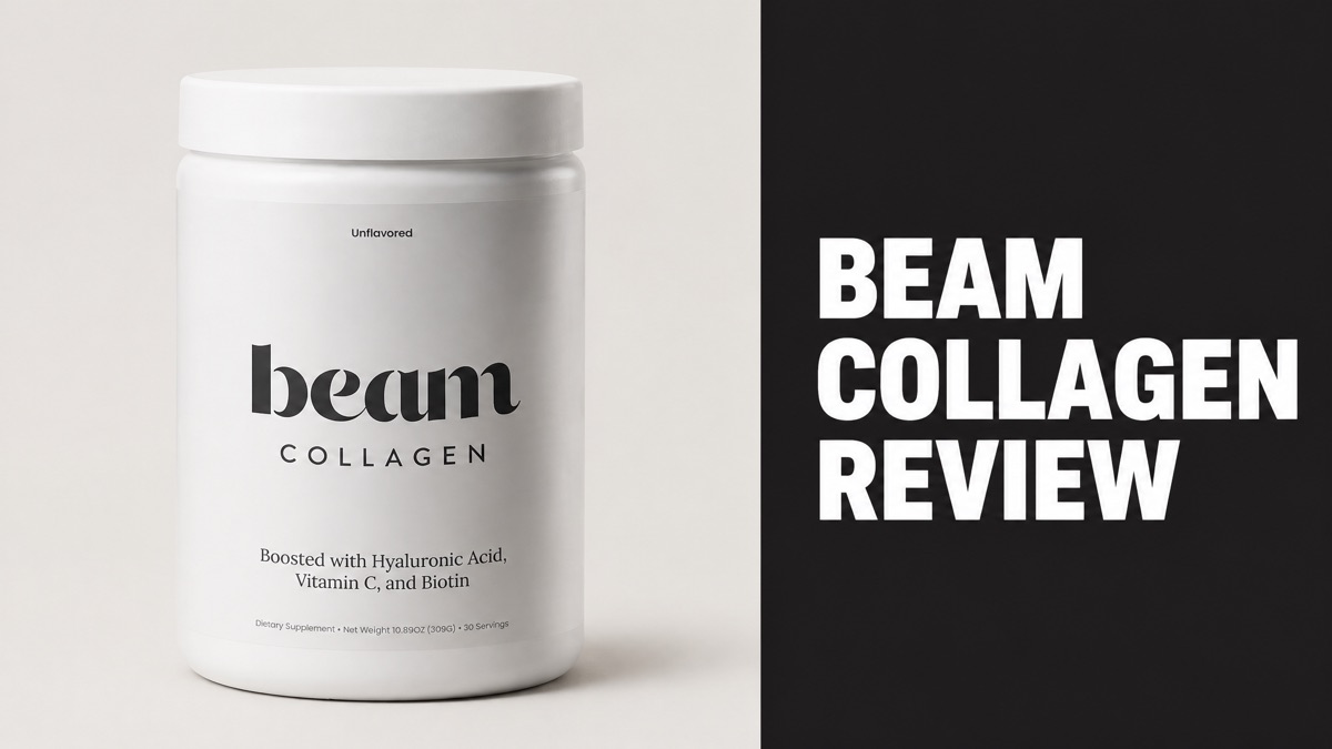 Beam Collagen tub next to Beam Collagen Review headline panel