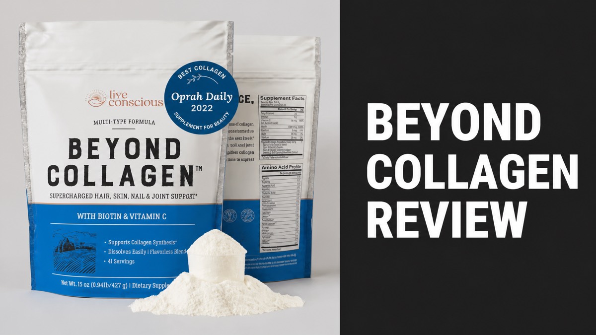 Beyond Collagen powder bag by Live Conscious with a scoop of collagen powder
