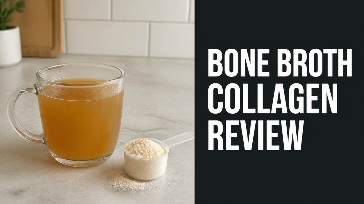 Mug of bone broth collagen drink next to a scoop of collagen powder on a kitchen counter