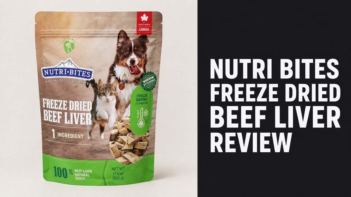 Nutri Bites Freeze Dried Beef Liver bag next to a Nutri Bites Freeze Dried Beef Liver Review headline