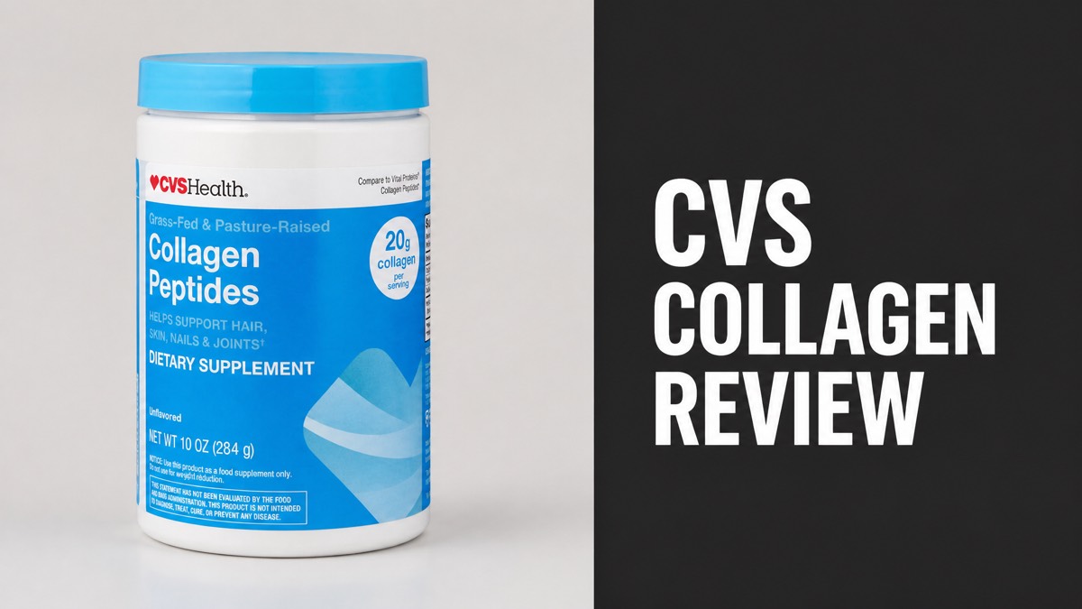 CVS Health Collagen Peptides unflavored powder tub next to CVS Collagen Review headline