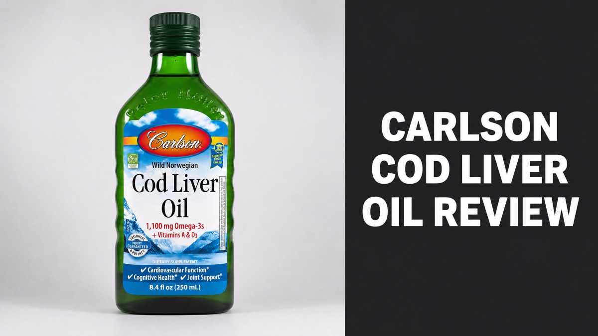 Carlson Cod Liver Oil bottle next to a Carlson Cod Liver Oil Review headline