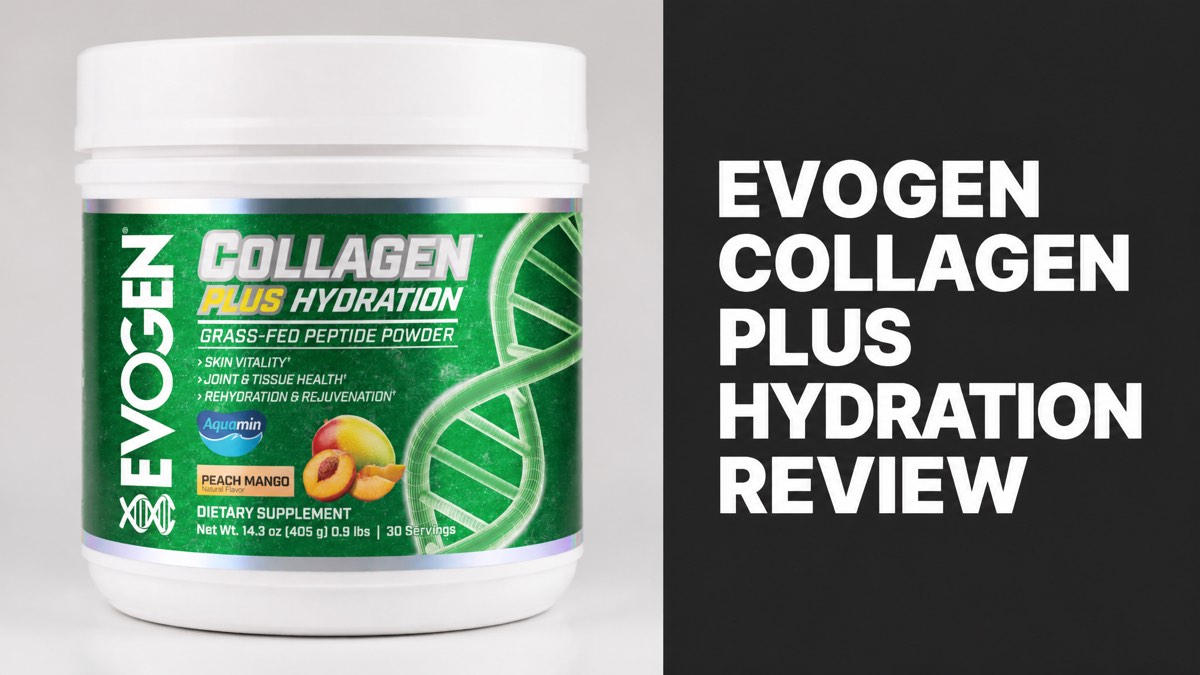 Evogen Collagen Plus Hydration peach mango tub beside the headline Evogen Collagen Plus Hydration Review