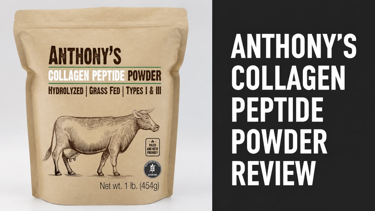 Anthony's Collagen Peptide Powder pouch next to a headline reading Anthony's Collagen Peptide Powder Review