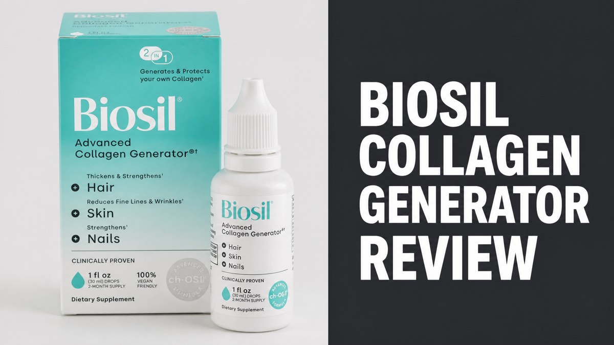 BioSil Advanced Collagen Generator box and dropper bottle beside BioSil Collagen Generator Review headline text