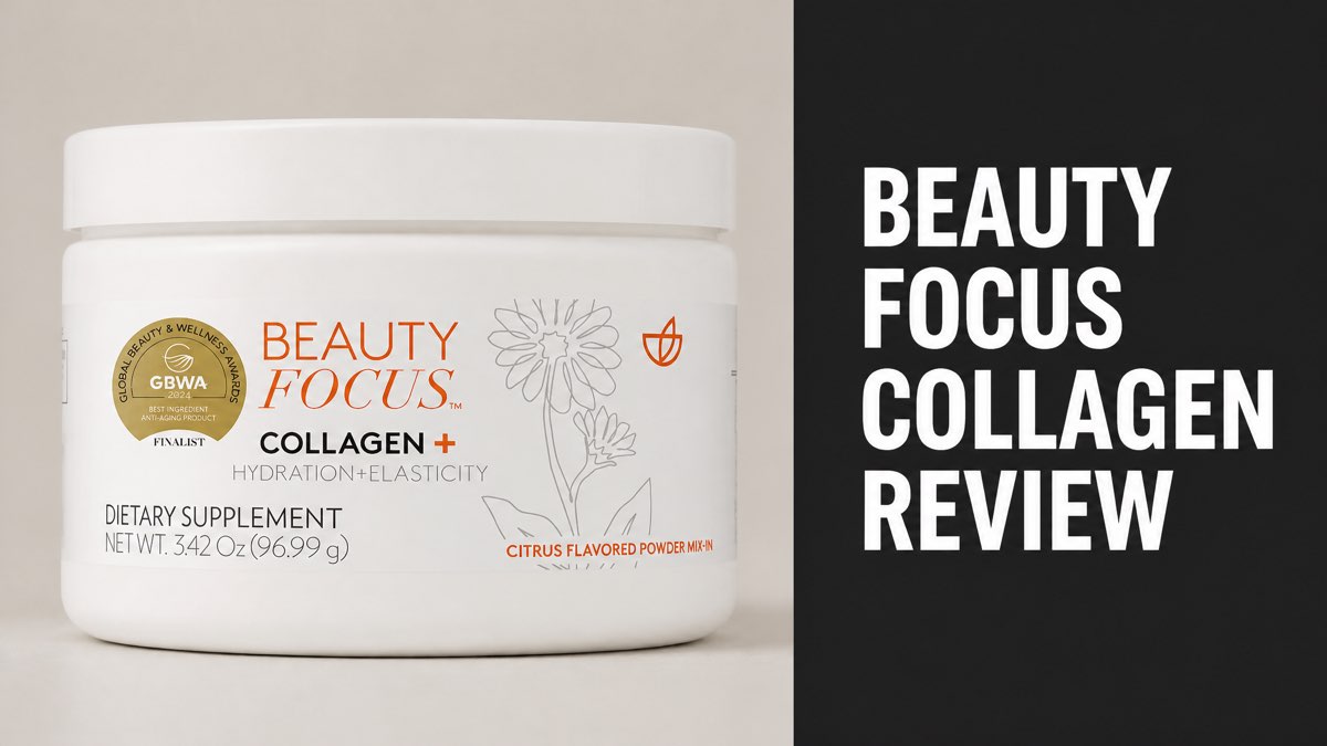 Beauty Focus Collagen tub next to a Beauty Focus Collagen Review headline panel