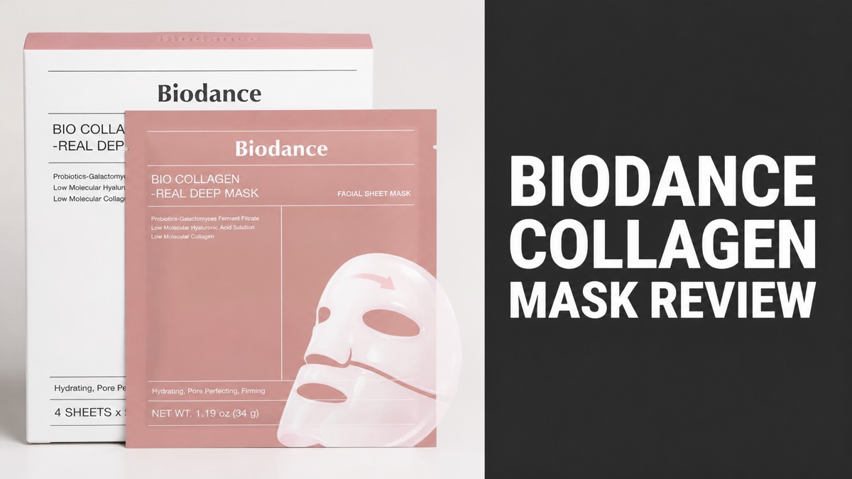 Biodance Bio-Collagen Real Deep Mask box and sachet beside Biodance Collagen Mask Review headline text