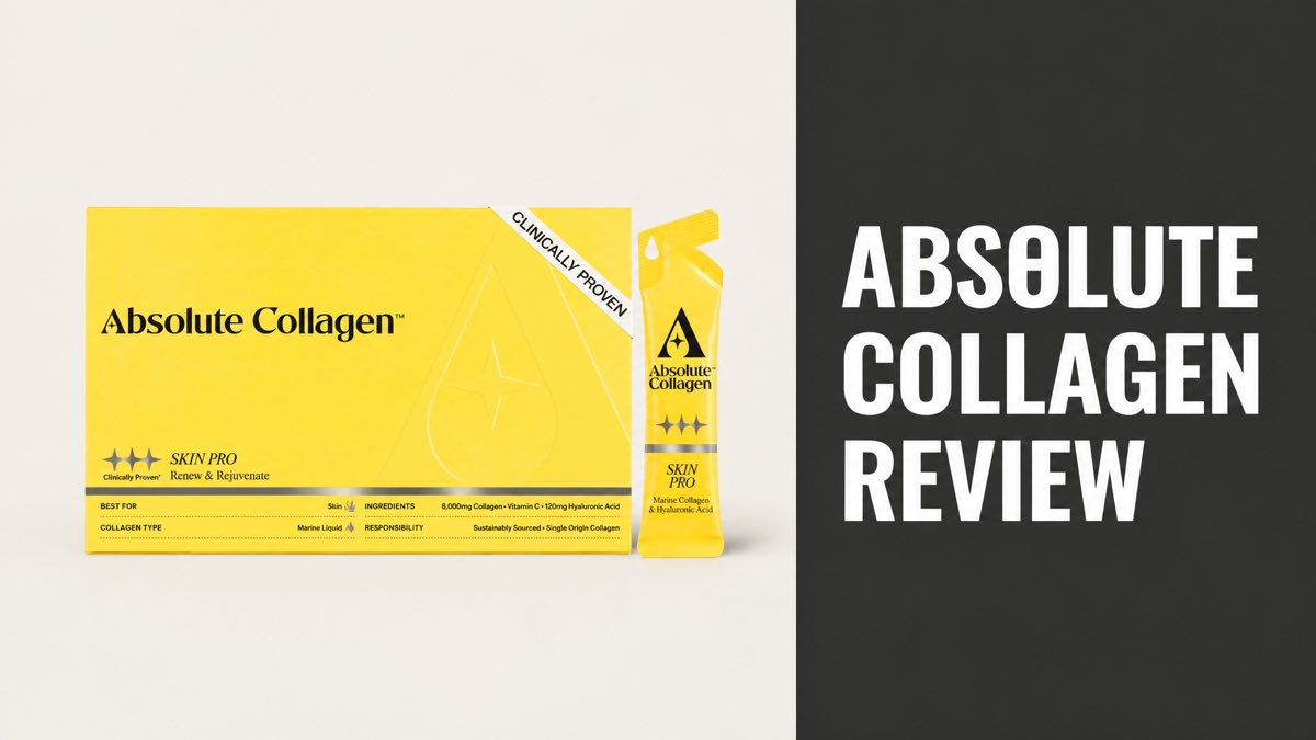 Absolute Collagen marine collagen box and sachet with review headline