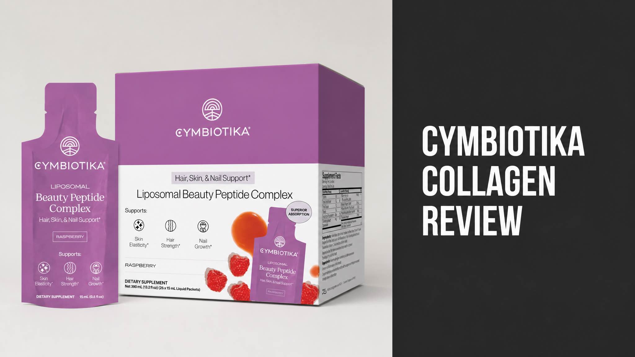 Cymbiotika Beauty Peptide Complex raspberry packet and box next to Cymbiotika Collagen Review headline