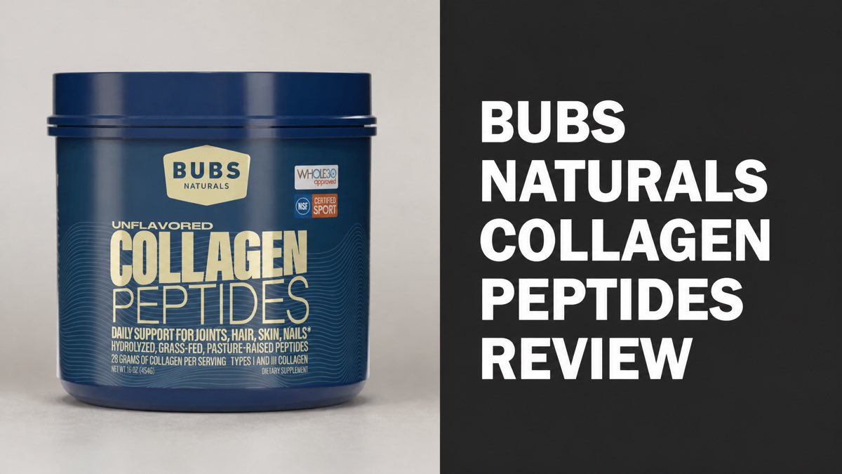 BUBS Naturals Collagen Peptides tub next to review headline text