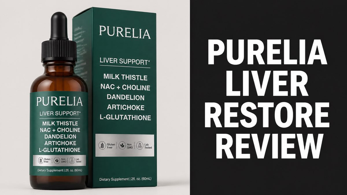 Purelia Liver Restore bottle and box next to a Purelia Liver Restore Review headline panel