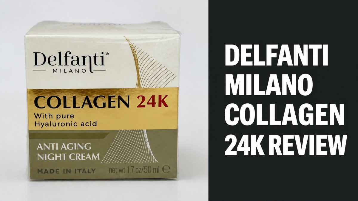Delfanti Milano Collagen 24K anti-aging night cream box next to Collagen 24K Review headline text